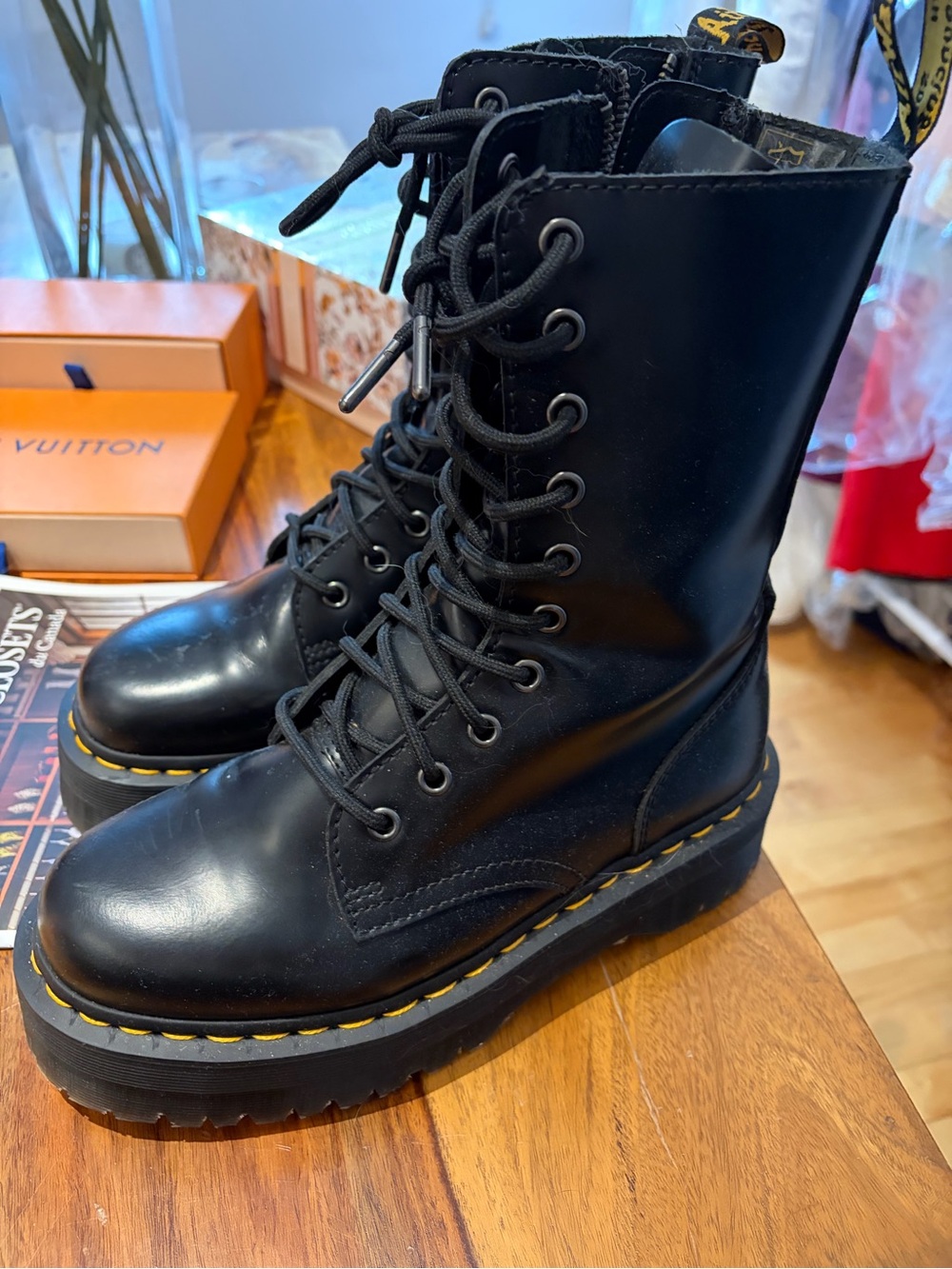 Dr. Martens Black Lace-Up Platform Combat Boots with Yellow Stitching